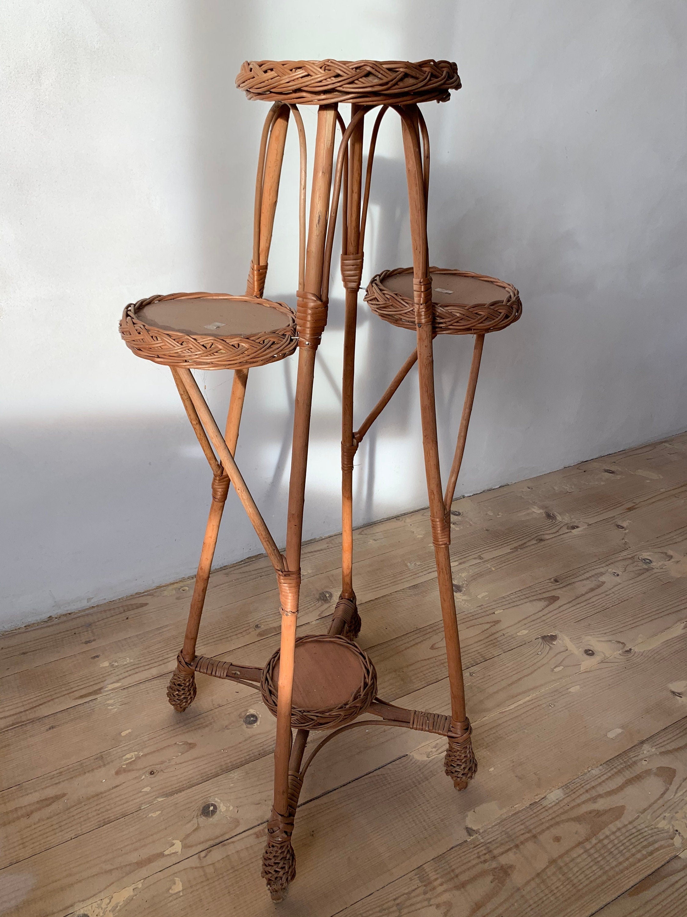 Wicker Flower Pot Holder, Boho Plant Stand, Rattan Planter, Shelf for Plants, Rustic Plant Stand, Vine stand for 4 flowerpots