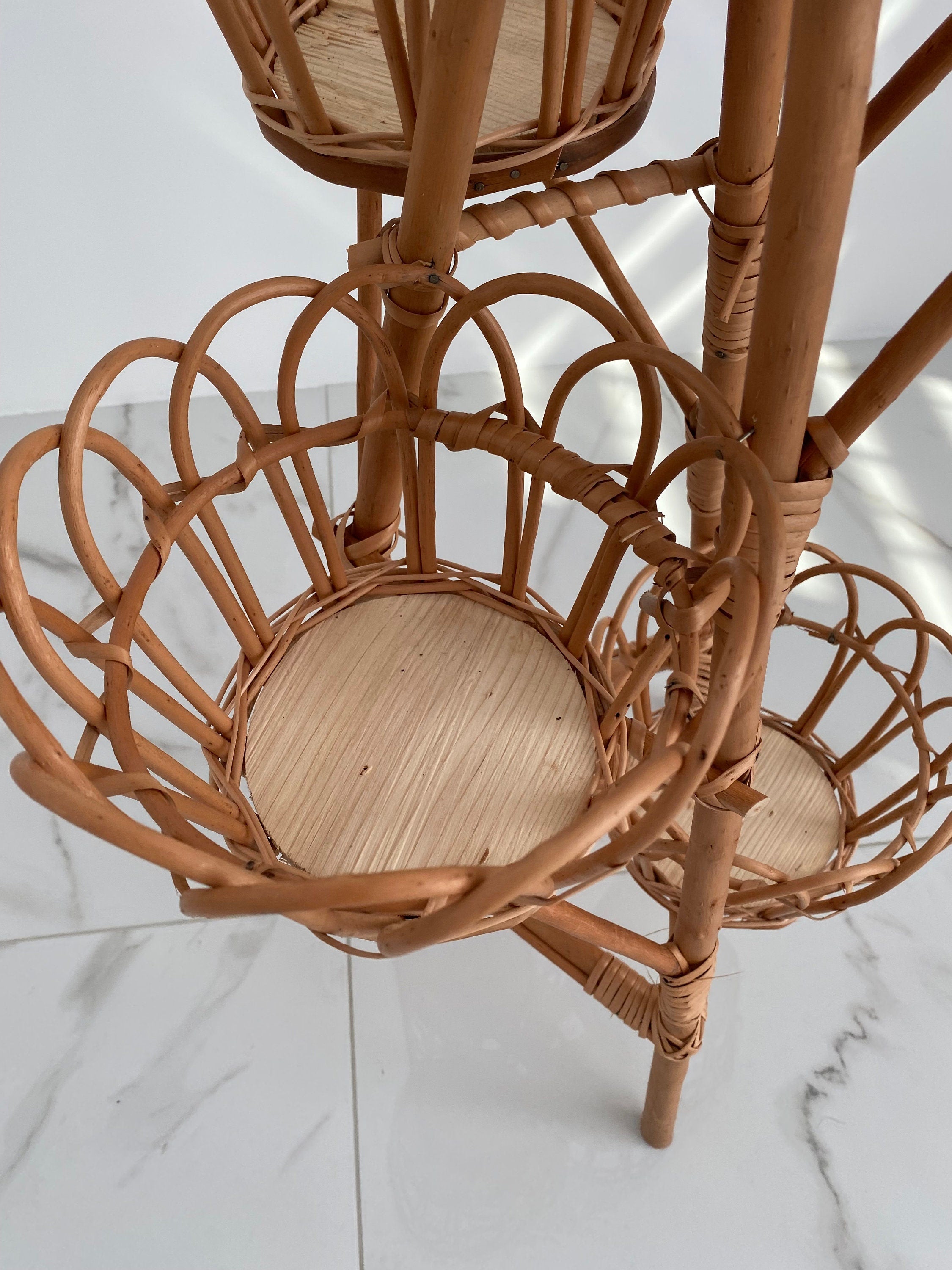Rattan Plant Stand, Natural Planter Brown, Tree Planter Stand, Wicker Flower Stand, Vine stand for 5 flowerpots