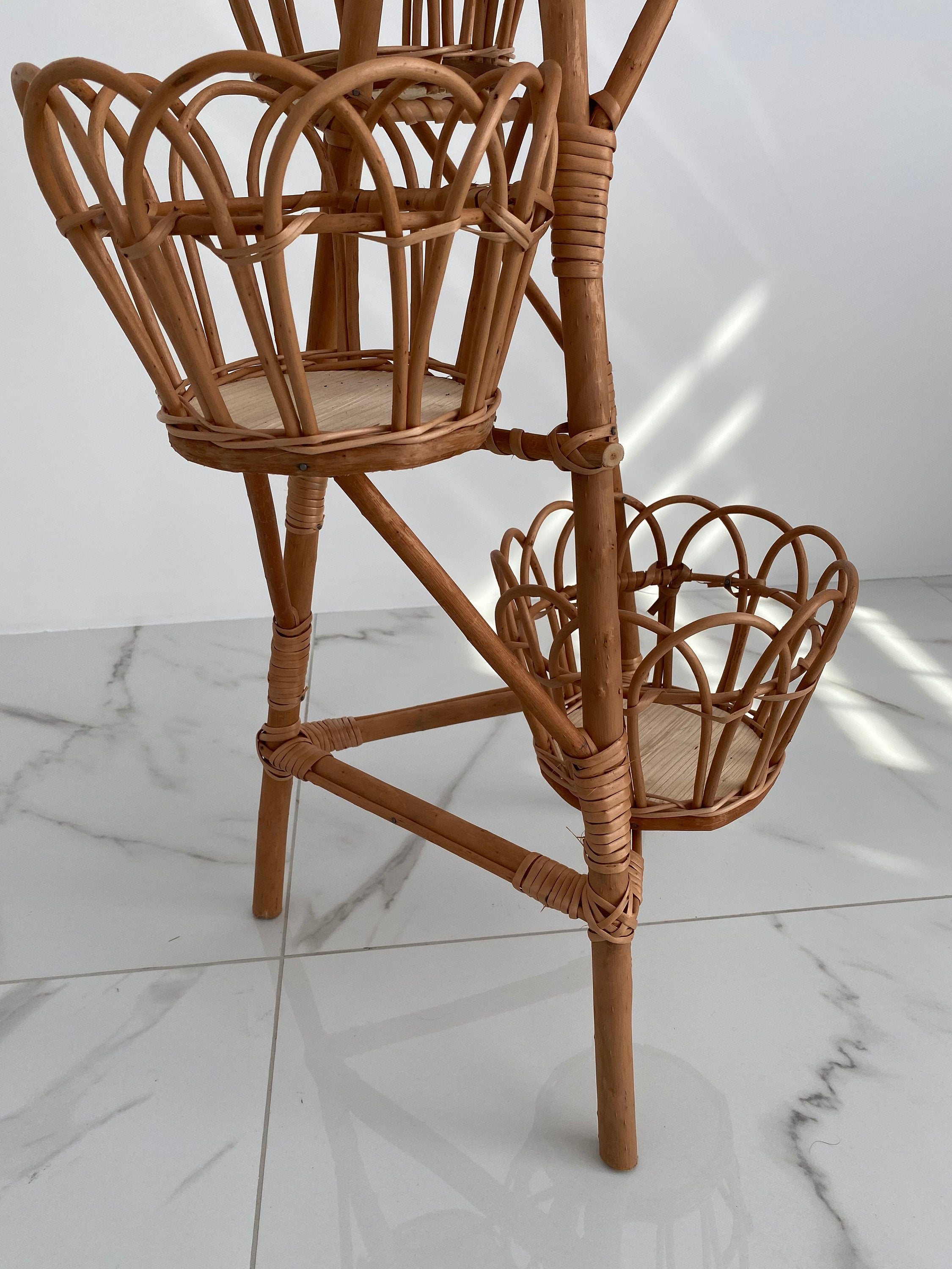 Rattan Plant Stand, Natural Planter Brown, Tree Planter Stand, Wicker Flower Stand, Vine stand for 5 flowerpots
