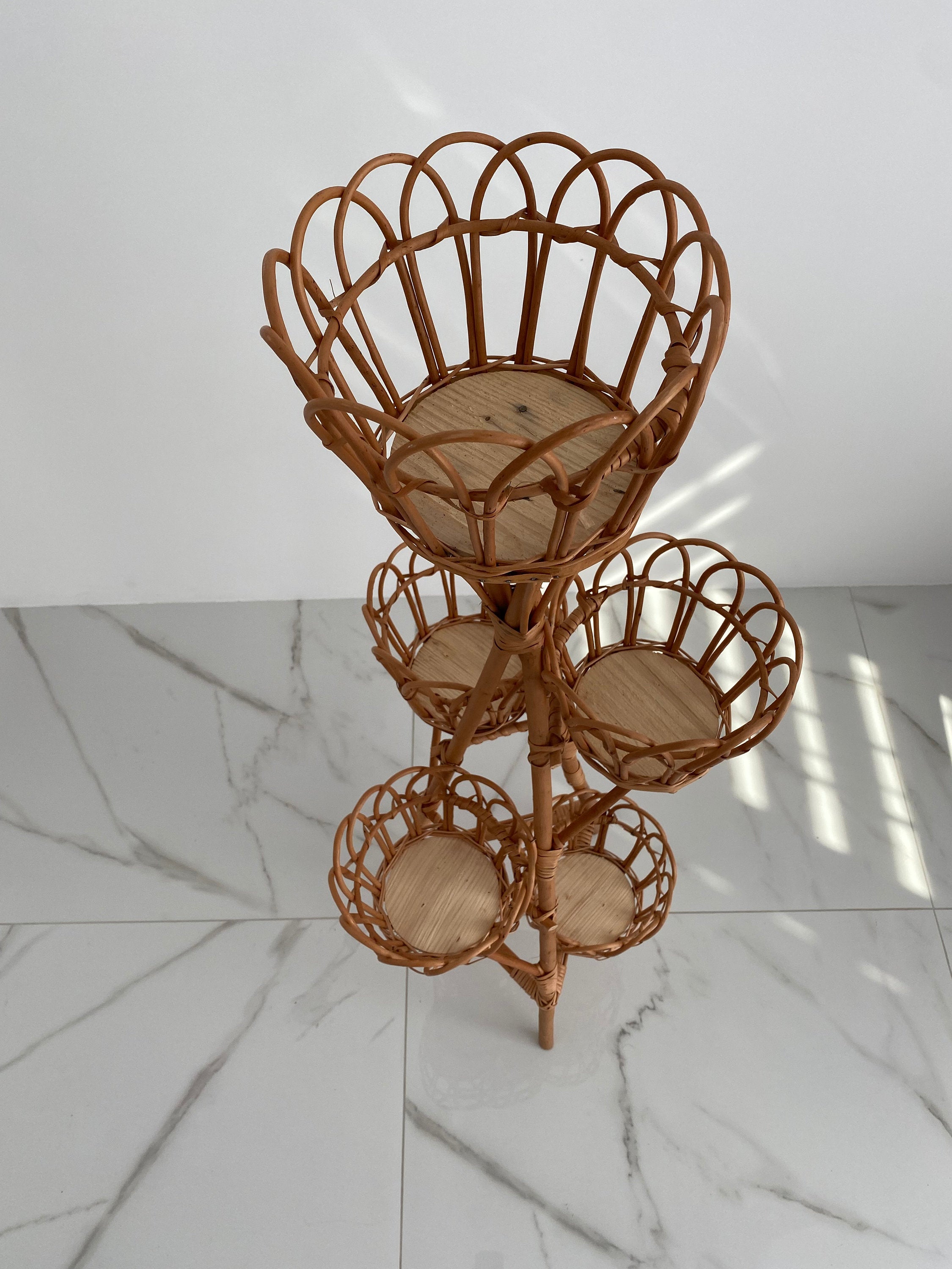 Rattan Plant Stand, Natural Planter Brown, Tree Planter Stand, Wicker Flower Stand, Vine stand for 5 flowerpots