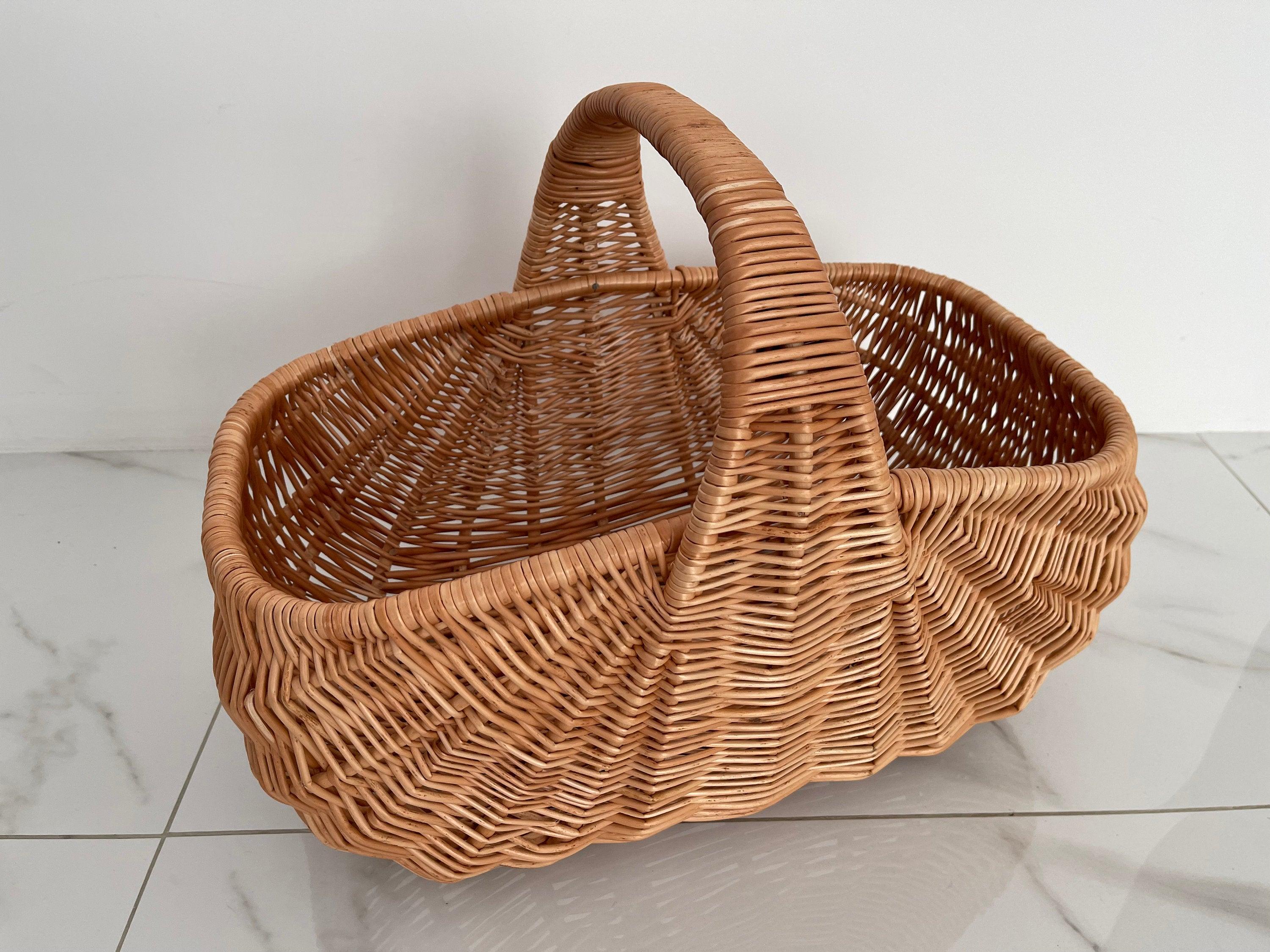 Handmade Willow Basket, Woven Wicker Basket, Gathering Basket, Woven Picnic Basket, Rectangular Basket, Grocery Wicker Basket with Handle
