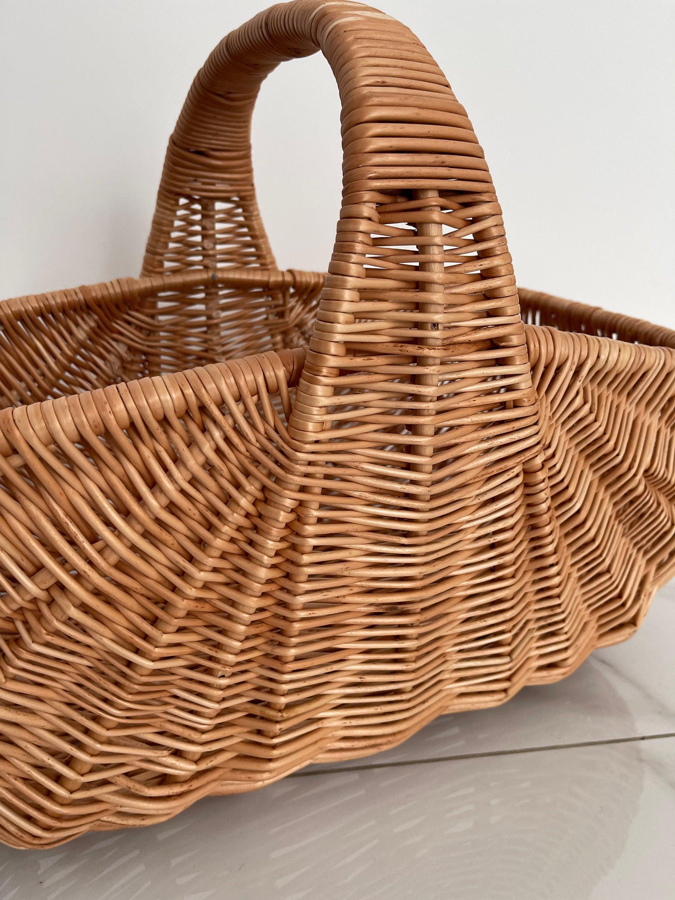 Handmade Willow Basket, Woven Wicker Basket, Gathering Basket, Woven Picnic Basket, Rectangular Basket, Grocery Wicker Basket with Handle