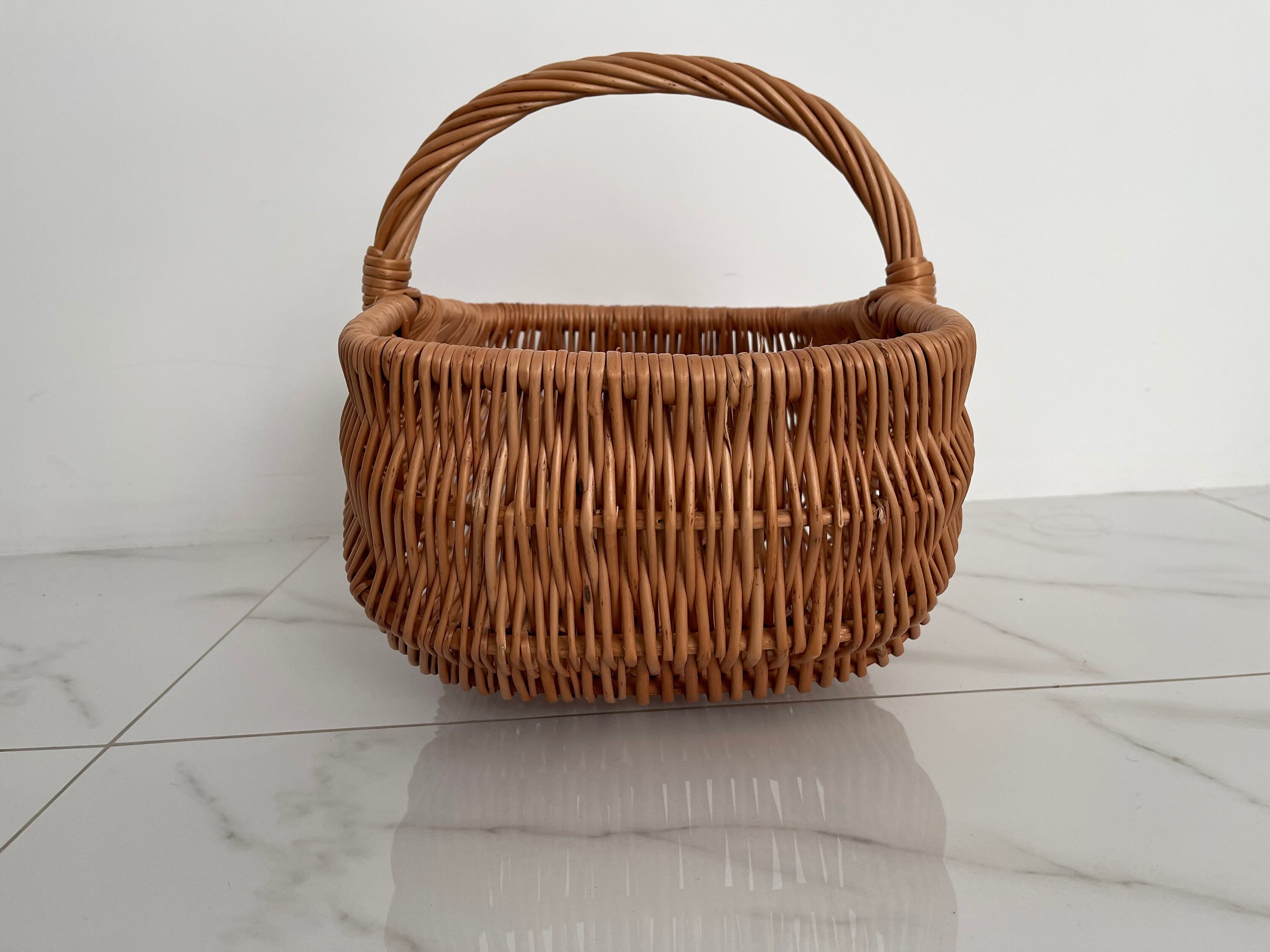 Willow Basket, Woven Wicker Basket, Gathering Basket, Woven Picnic Basket, Rectangular Basket, Grocery Wicker Basket with Handle