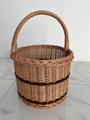 Wicker Shopping Basket, Round Woven Basket with Handle, Willow Market Basket/Picnic, Handwoven Grocery Basket