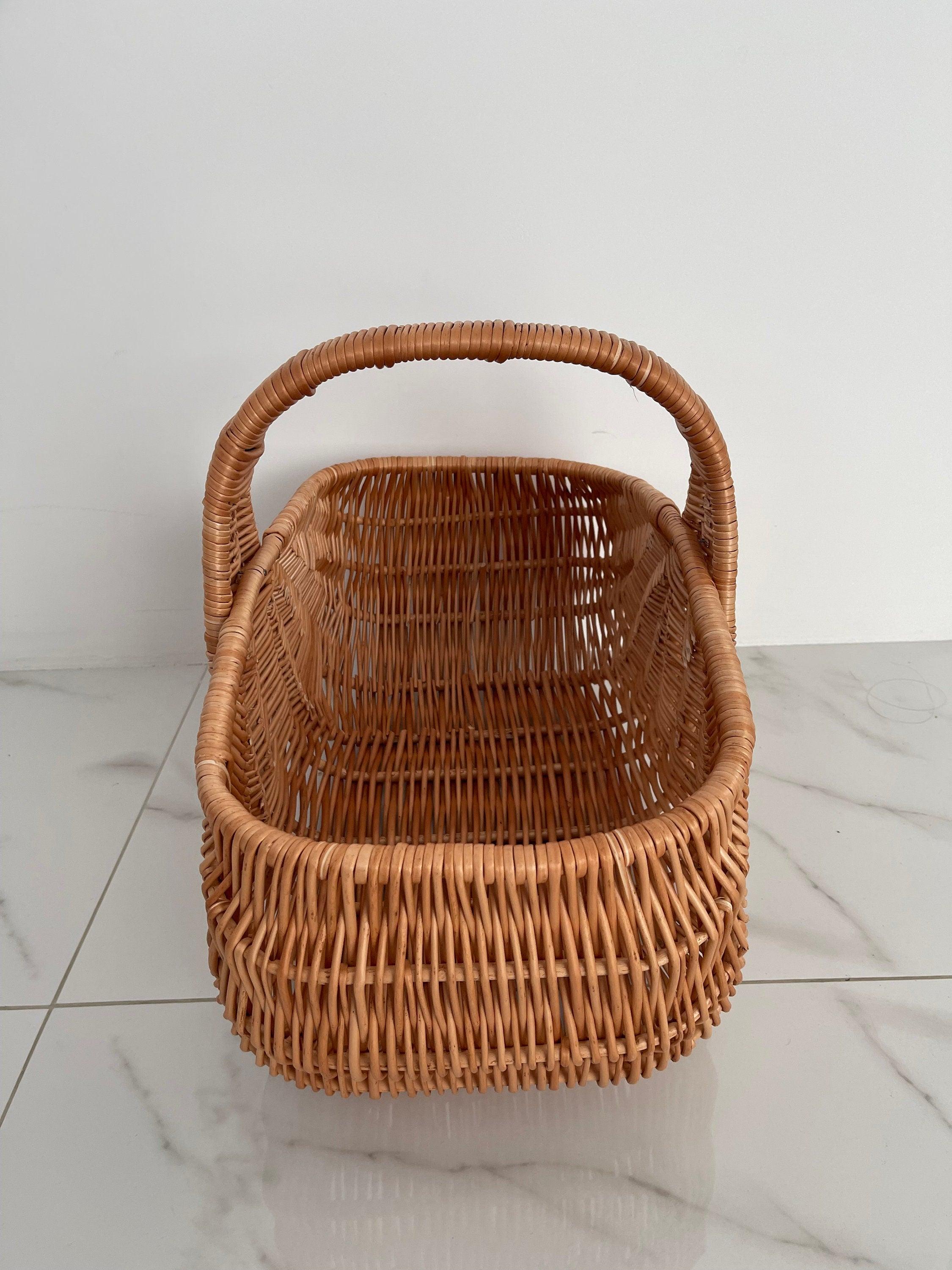 Handmade Willow Basket, Woven Wicker Basket, Gathering Basket, Woven Picnic Basket, Rectangular Basket, Grocery Wicker Basket with Handle