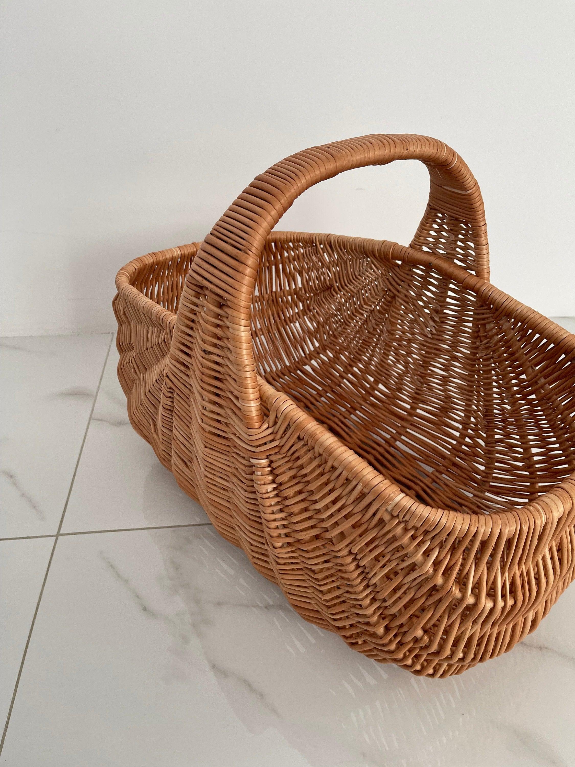 Handmade Willow Basket, Woven Wicker Basket, Gathering Basket, Woven Picnic Basket, Rectangular Basket, Grocery Wicker Basket with Handle