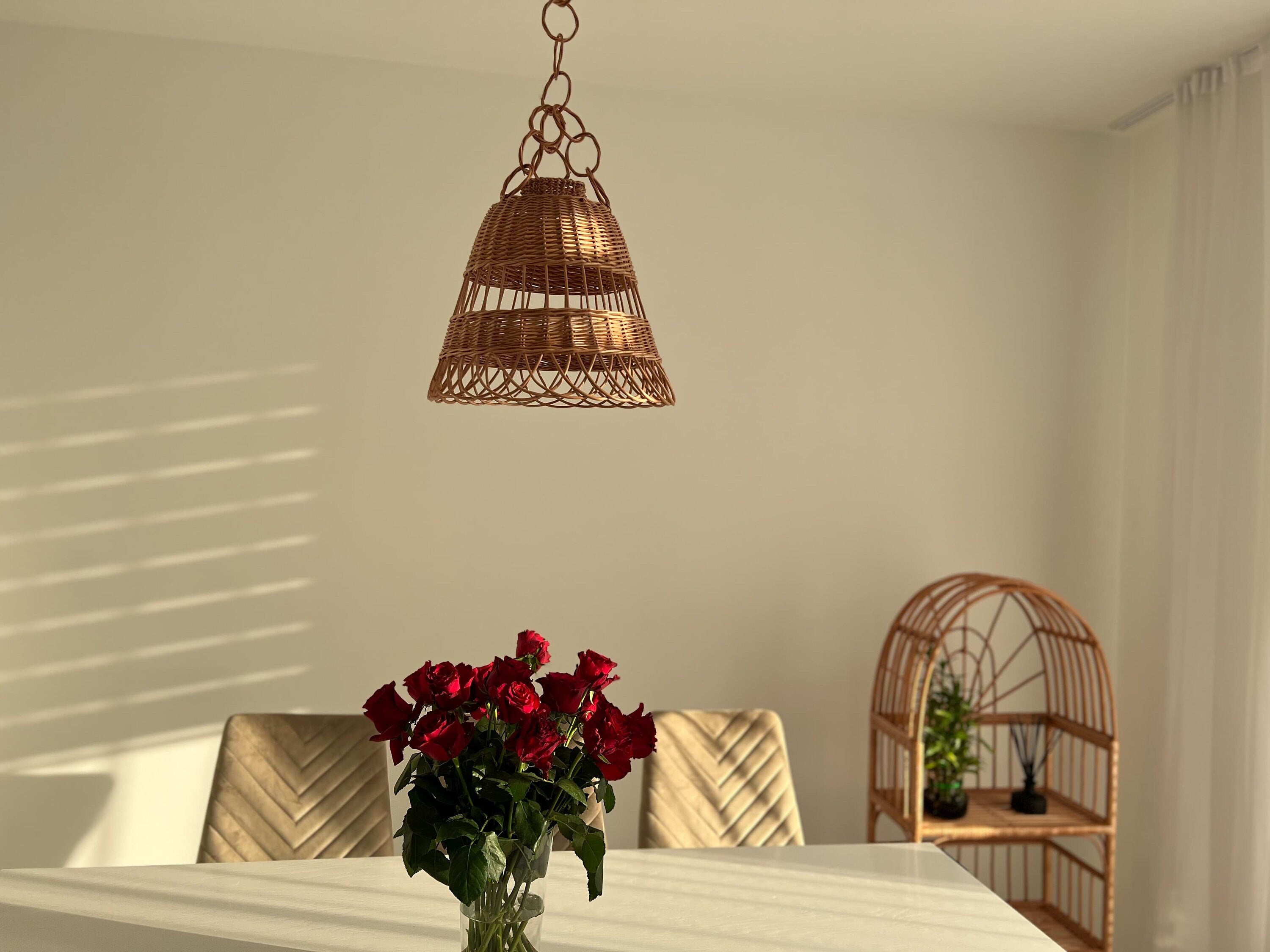 Wicker Lamp Boho Style, Lampshade Pendant, Lamp Rattan Chandelier Hanging Lamp Suspension Rotan Natural Lamp