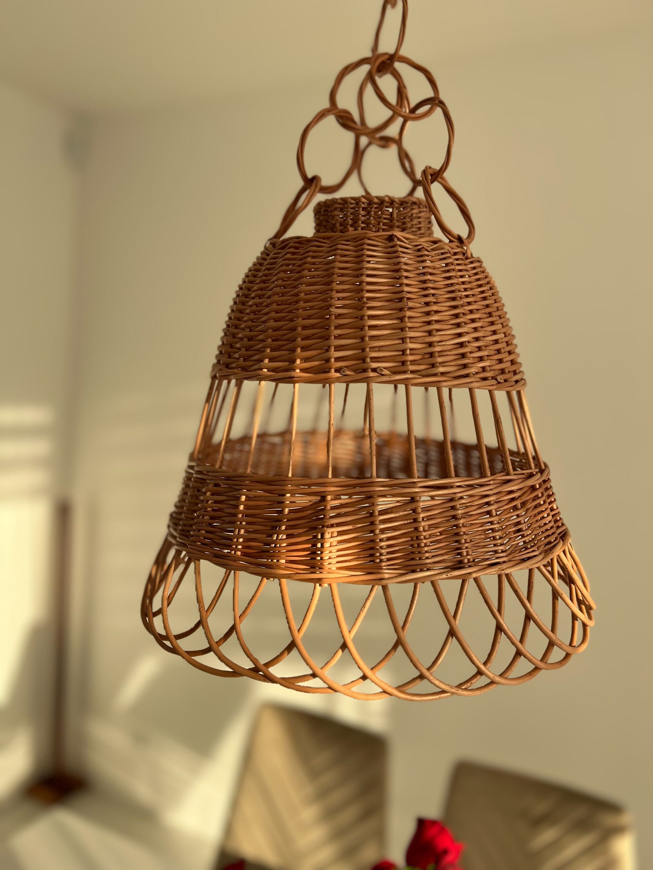 Wicker Lamp Boho Style, Lampshade Pendant, Lamp Rattan Chandelier Hanging Lamp Suspension Rotan Natural Lamp
