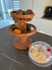 Two-tier desktop wicker fruit basket, Vase from the vine, wicker table fruit bowls