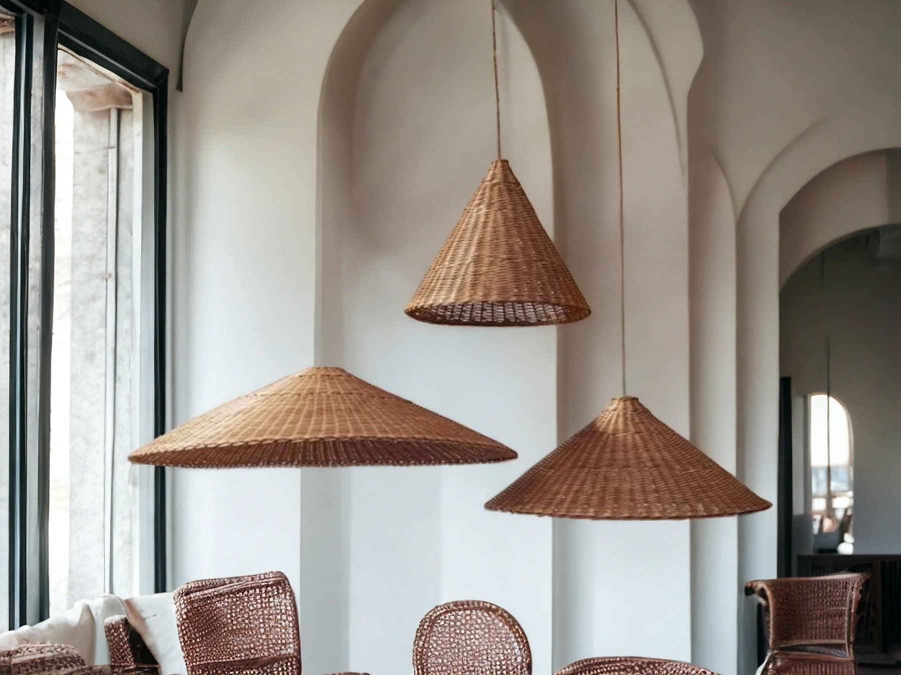Shade Woven Rattan Light, Rattan Cone Lamp, Vintage Kitchen Lamp, Brown Beige Rattan Pendant Lights